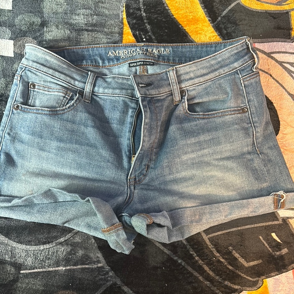 American Eagle Outfitters Blue Jean Shorts Distressed Mid-Thigh